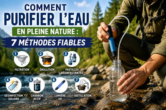 Randonneur purifiant l'eau d'une rivière en pleine nature